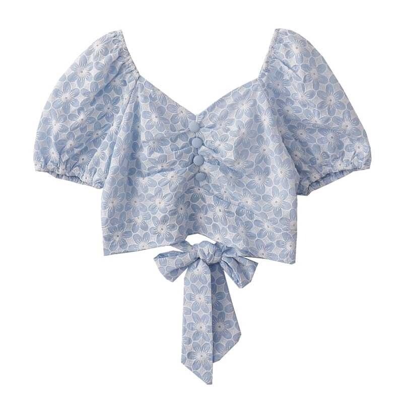 Áo Kiểu Tay Phồng Ngắn Phối Nơ In Họa Tiết Hoa Phong Cách Pháp Cổ Điển Thời Trang Mùa Hè Cho Nữ