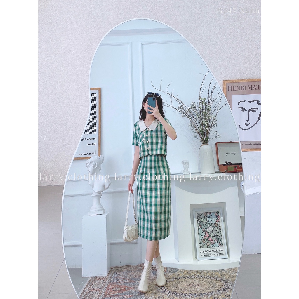 Set Áo Có Cổ Chân Váy Dài Kẻ Caro Phong Cách Hàn Quốc Đi Làm Cực Thanh Lịch S247 | BigBuy360 - bigbuy360.vn