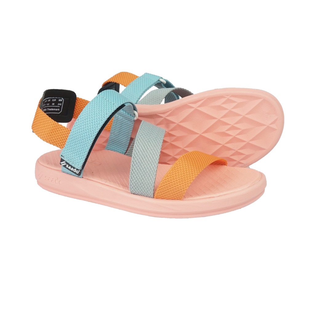 Sandal Saado nữ chính hãng quai chéo SE03 xanh hồng phối màu, Dép quai hậu đế bằng thương hiệu Mỹ siêu nhẹ bền