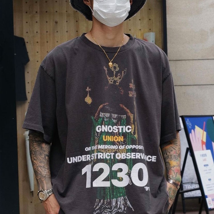 RRR123 x UNION Joint FOG Anniversary Limited Religious Queen Vintage Washed Dirty Loose Short Sleeves