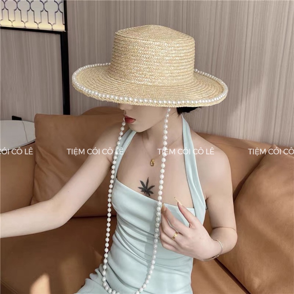 Nón cói rộng vành đi biển viền mũ và quai ngọc hàng Quảng Châu cao cấp - Tiệm Cói Cô Lê