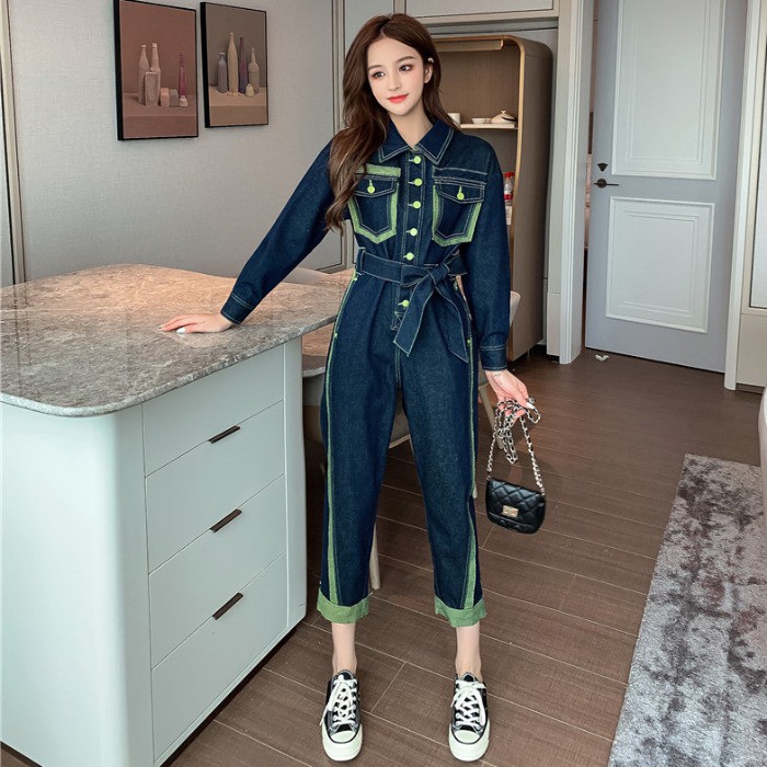 Bộ jumpsuit jeans cạp cao mùa xuân mới phong cách Hàn Quốc 2021