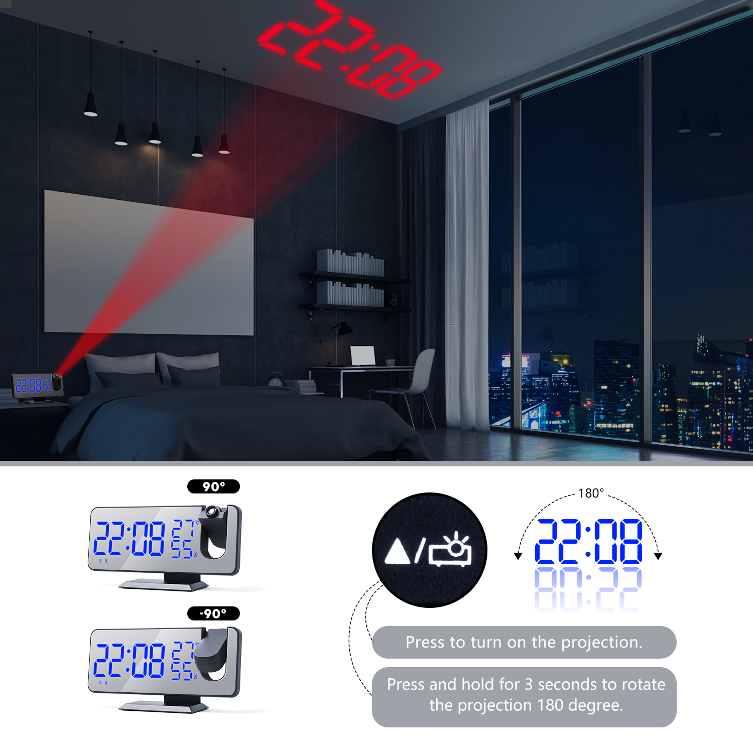 LED Digital Alarm Clock Watch Table Electronic Desktop Clocks USB Wake Up FM Radio Projector Snooze Function Alarm