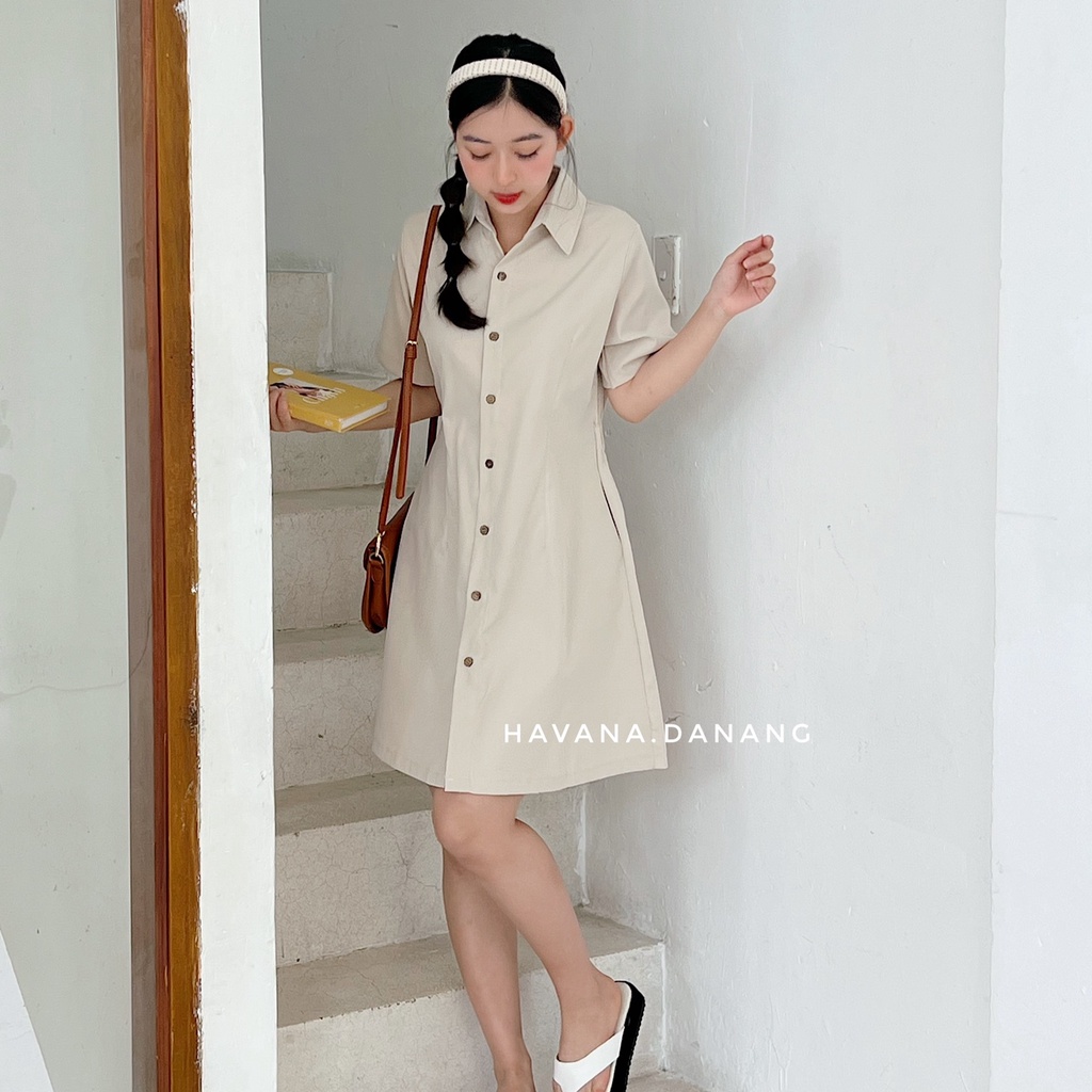 Váy sơ mi cộc tay, sơ mi khuy gỗ eo chun co giãn, váy thanh lịch form xòe AE167