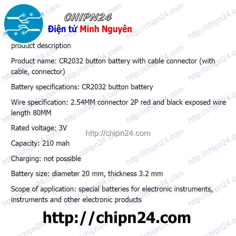 [1 VIÊN] Pin CR2032 có dây 2.54mm (Pin CMOS có dây)
