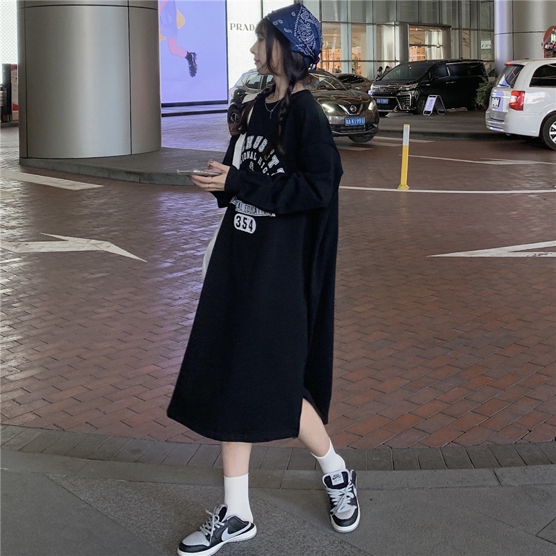 Đầm tay dài cổ tròn dáng rộng in họa tiết phong cách retro đáng yêu sành điệu