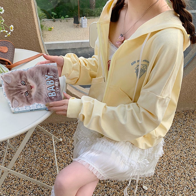 Áo Hoodie Chống Nắng Dáng Rộng Phối Dây Rút Dễ Thương Cho Nữ