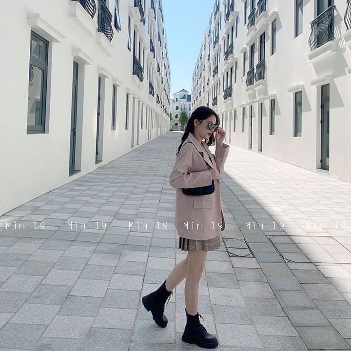 Áo vest nữ blazer công sở 2 lớp Hàn Quốc trơn dáng rộng tay dài túi nắp kiểu bigsize cá tính màu đen be nâu thời trang