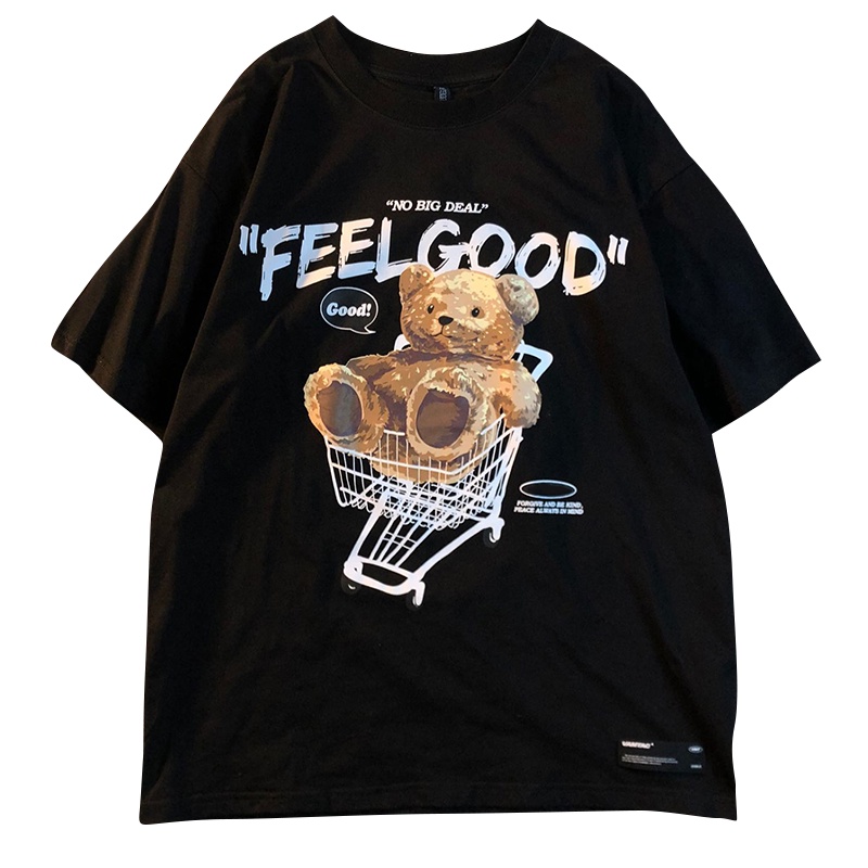 Áo thun phông nam form rộng Familylove - Mẫu áo thun nam tay lỡ chú Gấu Teddy Feel Good chất Cotton 100% cao cấp