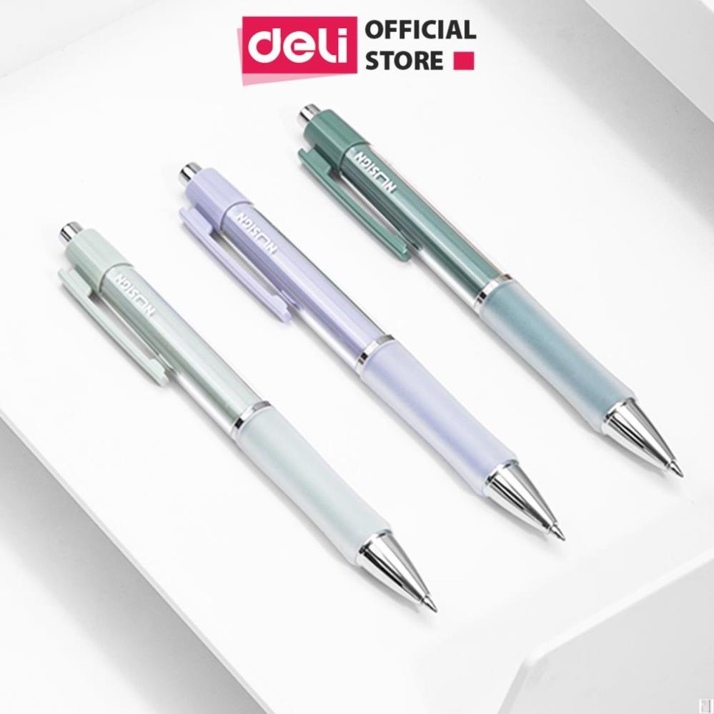Bút bi dạng gel mực đen cao cấp Deli- ngòi 0.5mm đầu bấm - Xám/Xanh lá/Tím - 1 chiếc - NS645 - Deli