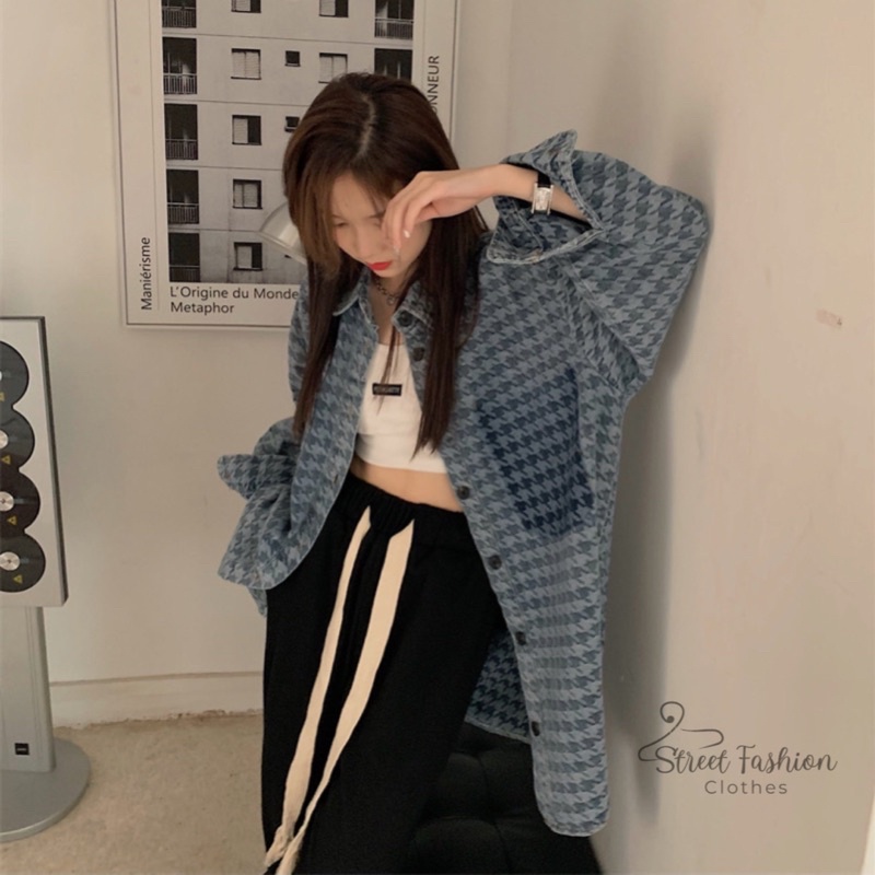 Áo khoác sơmi nữ dài tay form rộng hoạ tiết thời trang