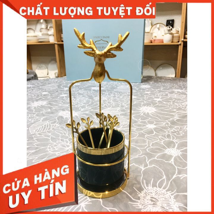 Set 6 thìa cà phê, pha trà ☘ 𝐅𝐑𝐄𝐄 𝐒𝐇𝐈𝐏☘ kèm cốc sứ và lồng đựng cốc đầu hươu mạ vàng siêu sang chảnh