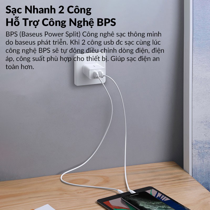 Củ Sạc Nhanh 18W Baseus Speed Mini Hỗ Trợ 2 Cổng Sạc USB Chuẩn QC3.0 Sạc Nhanh 3A, BPS, Chống Cháy, Hàng Chính Hãng