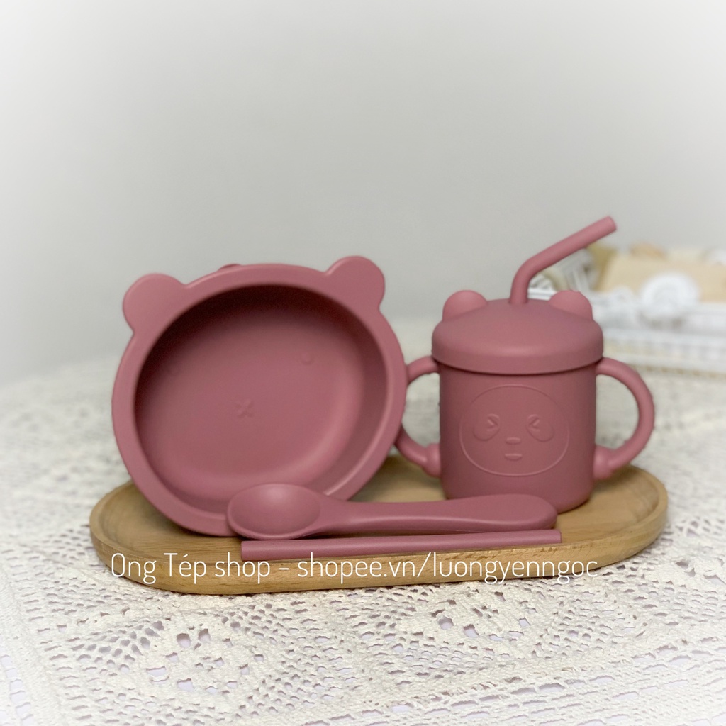 Set ăn dặm silicon 4 chi tiết: khay tròn 3 ngăn sọc, bát ăn dặm silicon kèm thìa, cốc tập hút silicon