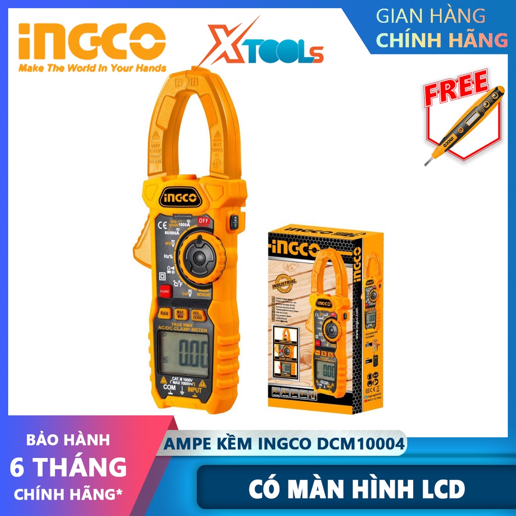 Đồng hồ kẹp AC/DC INGCO DCM10004 | ampe kìm Kỹ thuật số 6000 đếm, lưu dữ liệu, có đèn nền hiển thị, đèn flash đồng hồ vạ