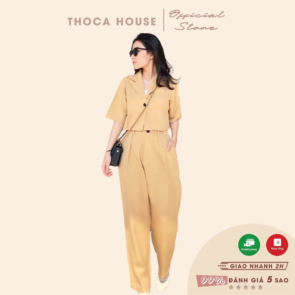 Set công sở vest croptop phối quần baggy dài kèm thắt lưng màu nude THOCA HOUSE thanh lịch, thoải mái đi làm, đi tiệc