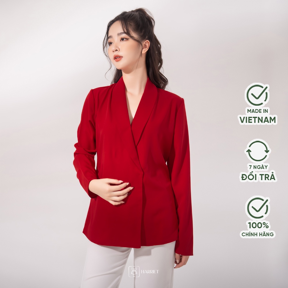 Áo sơ mi cổ sam dáng vest Aimi đính cúc trang nhã lụa trượt nhật Harriet