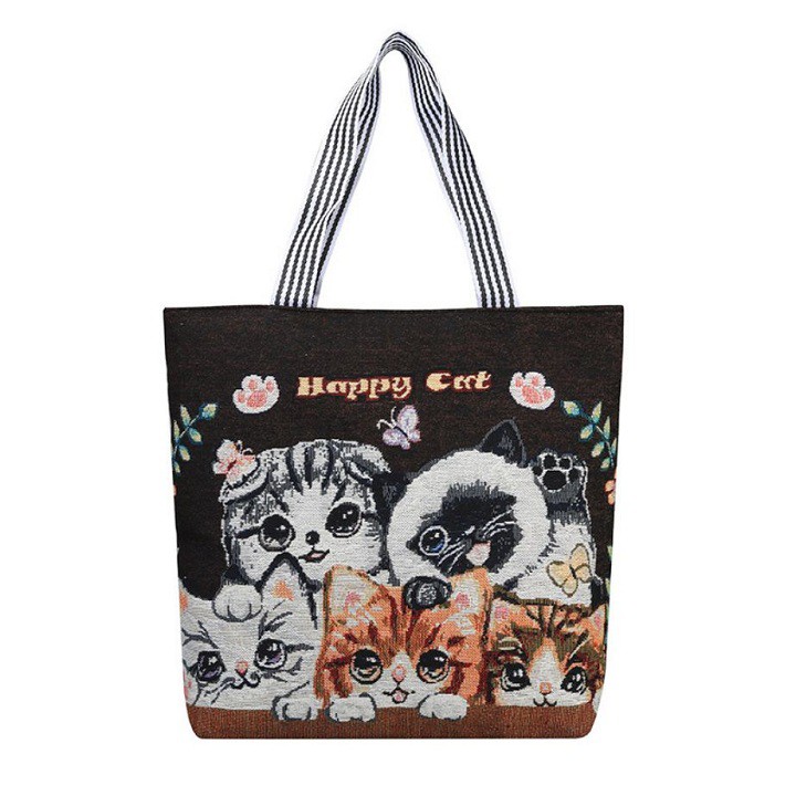 Túi Tote Vải Canvas Thêu Hình Mèo Cute Thời Trang Đeo Chéo GN11-III