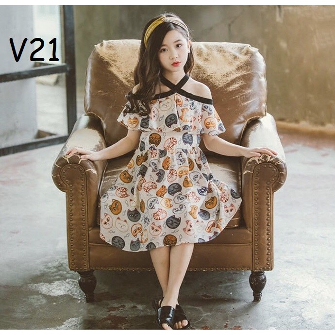 Váy xòe trễ vai họa tiết mèo xinh xắn, chất vải cái Hàn cho bé gái Kiddysun V21