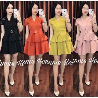 Đầm cổ vest kèm thắt lưng