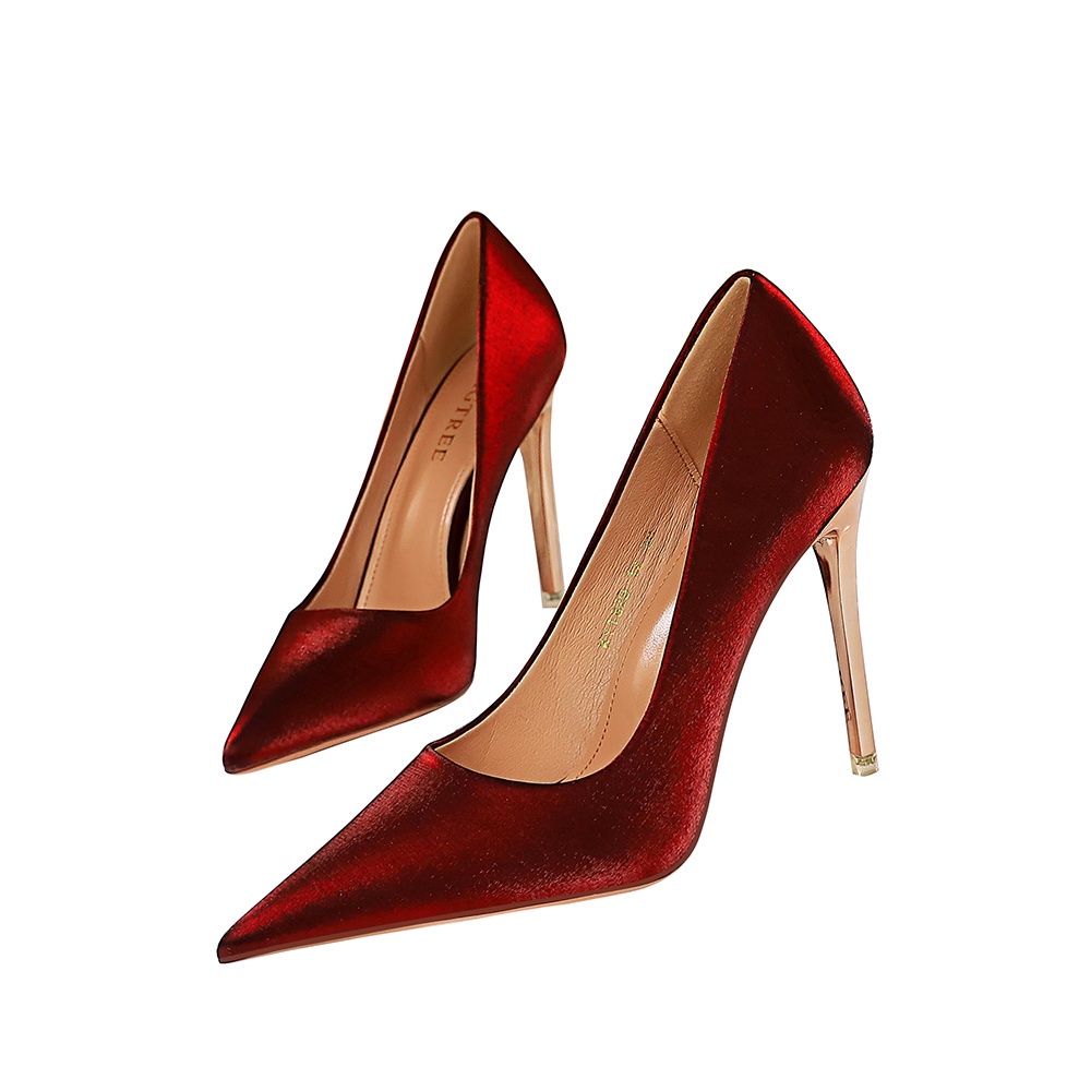 Giày cao gót BIGTREE Mall-1829-12 10.5cm mũi nhọn chất liệu satin màu đen thời trang cho nữ