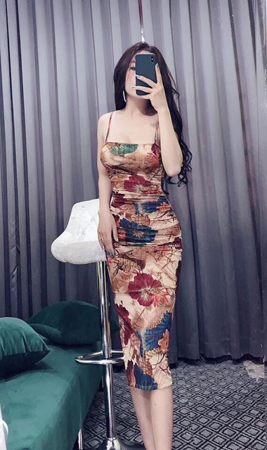 BB229 Đầm hai dây bún body có mút ngực hoạ tiết hoa quá xinh
