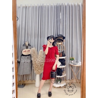 Váy đỏ tay bồng cổ xếp bèo( ảnh thật).