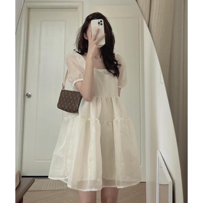 Váy Babydoll Voan Tơ Bồng Bềnh 2 Lớp Cổ Vuông Vintage( Hàng Có Sẵn, Ảnh Thật)