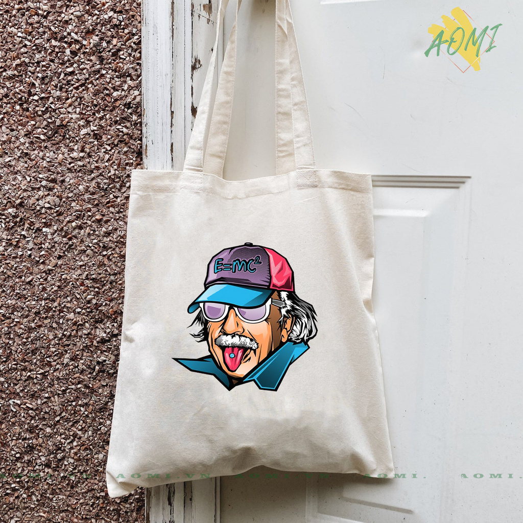 TÚI VẢI ĐEO VAI TOTE CANVAS BAG CÓ KHÓA KÉO SIZE LỚN 33x38cm ALBERT EINSTEIN TCUTE XINH ĐẸP TIỆN ÍCH DẠO PHỐ DU LỊCH