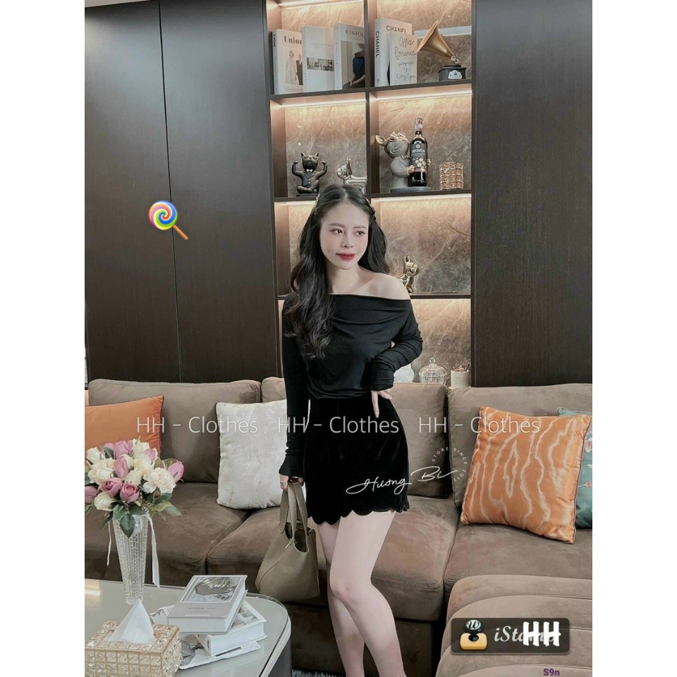 Áo tay dài nhúm 1 bên vai trễ nhẹ xinh chất thun dẻo mát