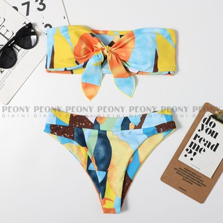 Set đồ bơi nữ 2 mảnh dáng quây cột nơ, bikini quây họa tiết sắc màu, áo tắm nữ kiểu dáng Âu Mỹ sexy