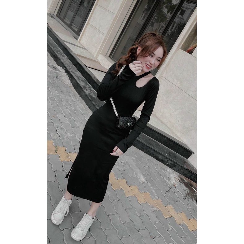 Đầm tay dài khoét xéo vai chất gân đẹp body đẹp dáng dài k