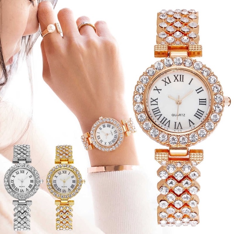 Đồng Hồ Quartz Nữ Mặt Đính Hột Xoàn Dây Thép Không Gỉ