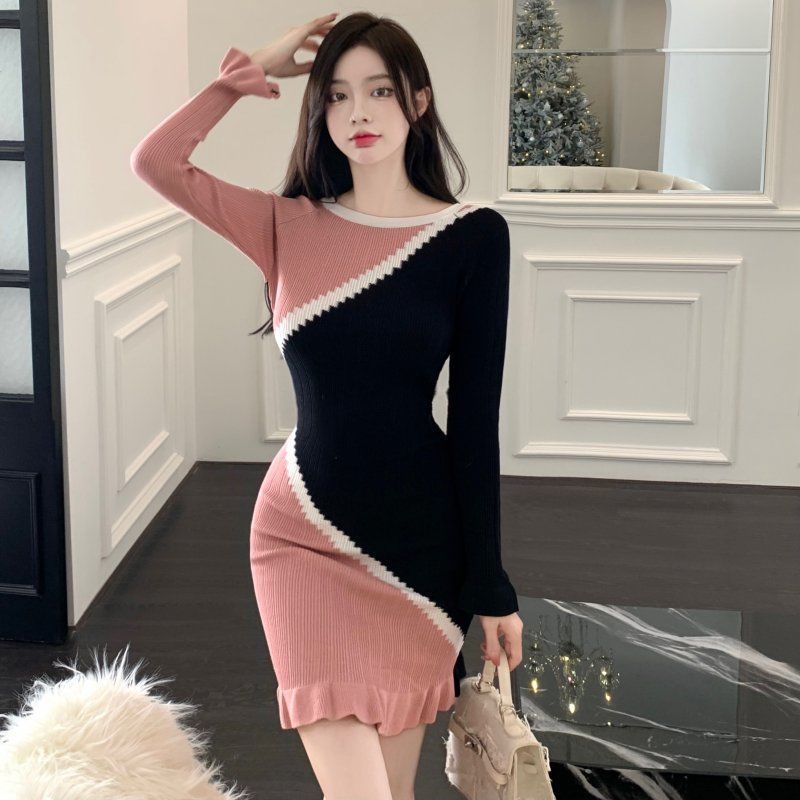 Đầm ôm dệt kim dài tay thiết kế nhún bèo màu sắc thời trang cho nữ