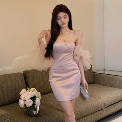 Đầm Tay Loe Cổ Chữ V Phối Lưới Mềm Mại Thoải Mái Thời Trang Mùa Hè Quyến Rũ Phong Cách Hàn Quốc Cho Nữ