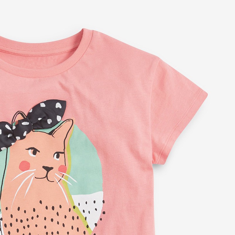 Little Maven áo phông cộc tay bé gái mùa hè cổ tròn hoạt tiết mèo đeo nơ ngộ nghĩnh