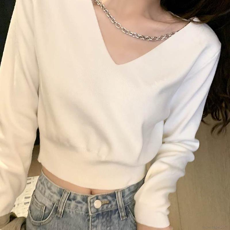 Áo Croptop Tay Dài Cổ Chữ V Phong Cách Hàn Quốc