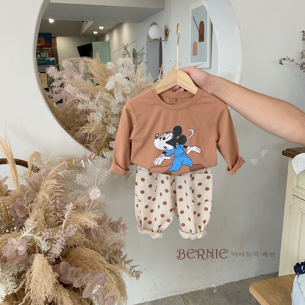 Bộ cotton dài tay thu đông họa tiết Micky, set áo thun quần dài bé gái