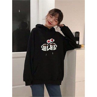 Áo nỉ hoodie hoạt hình coffee suông rộng unisex có mũ, chất nỉ bông siêu ấm
