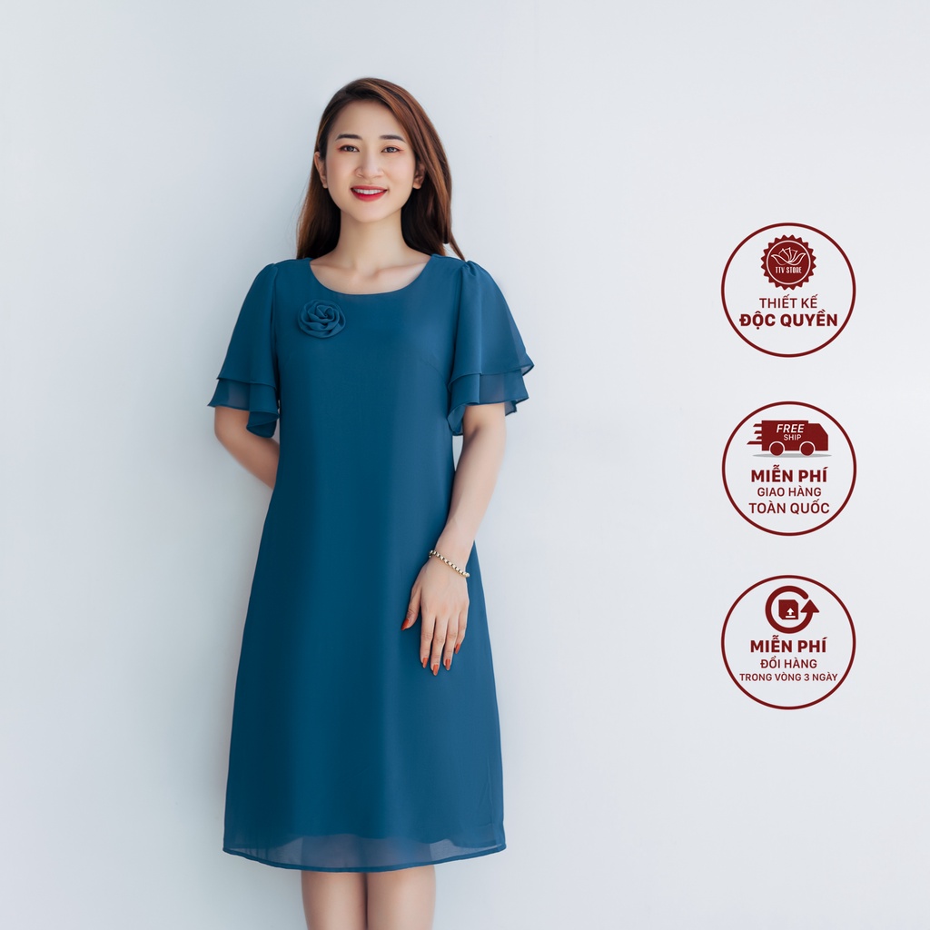 Đầm váy cao cấp form suông Cổ tròn tay chuông 2 tầng CT Xanh cổ vịt - TTV1048# TTV STORE