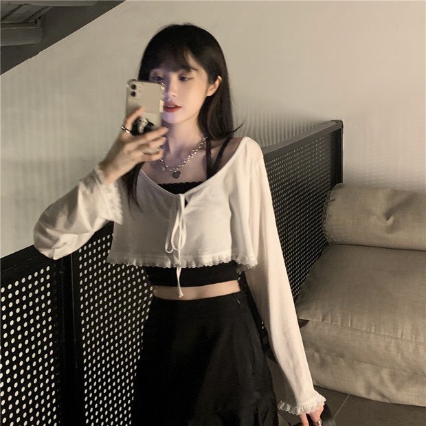 [ORDER]- Áo Croptop tay dài/ Áo croptop hai dây/ Chân váy phối ren xòe