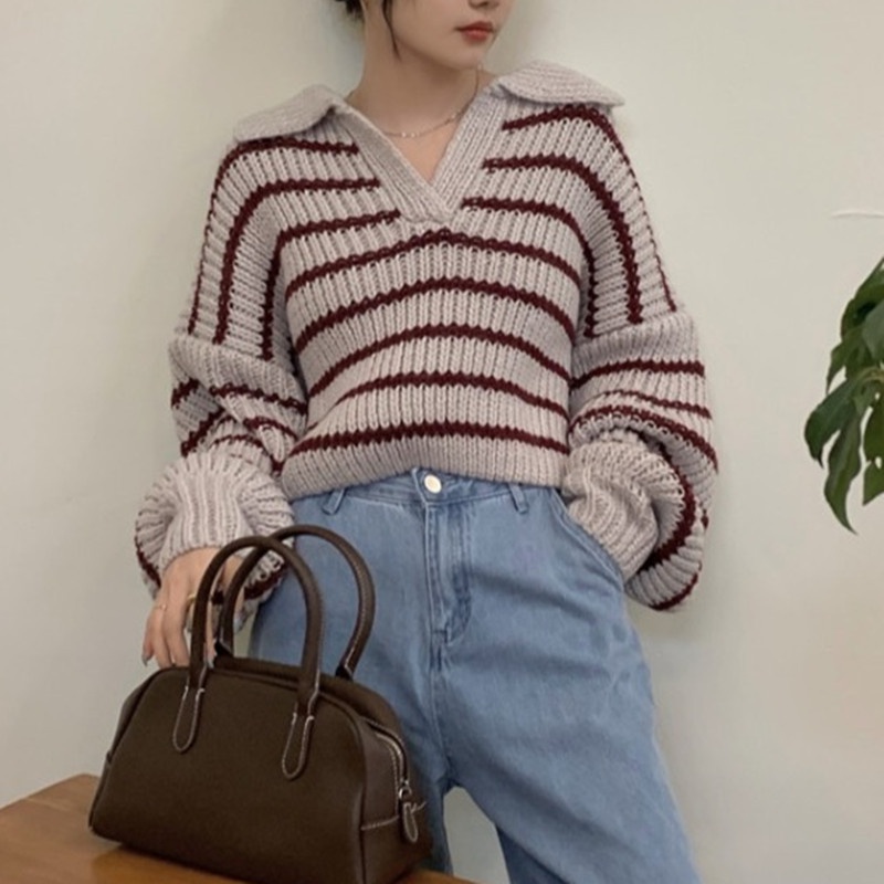 Áo sweater NZN dệt kim cổ bẻ dáng rộng họa tiết kẻ sọc thời trang thu đông mới dành cho nữ