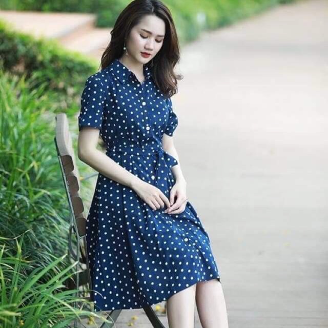 🍓Đầm sơmi chấm bi đính nút ( kèm dây belt)
