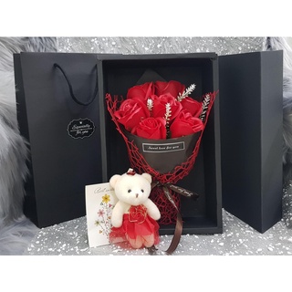 Hoa Hồng Sáp Thơm Bó 7 Bông Kèm Gấu .Tặng Người Yêu .Rất Lãng Mạng Có Hộp Sang Trọng(Hộp Đen, Giỏ Xách Đen)