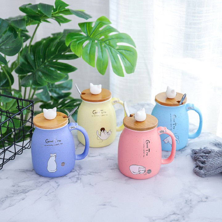 Ly Cốc Sứ In Hình Mèo Siêu Cute Good Time 400ml Chất Lượng Cao