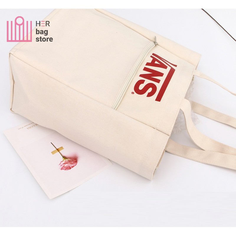 Túi tote đeo vai giá rẻ vải canvas mềm trơn đẹp đi học phong cách Nhật Bản có túi phụ nhỏ bên ngoài