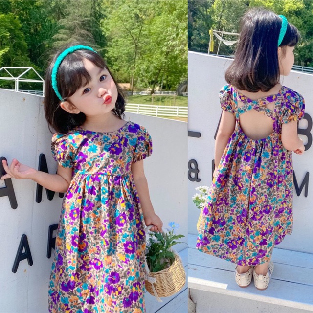 VÁY HOA TÍM ĐAN DÂY LƯNG BÉ GÁI