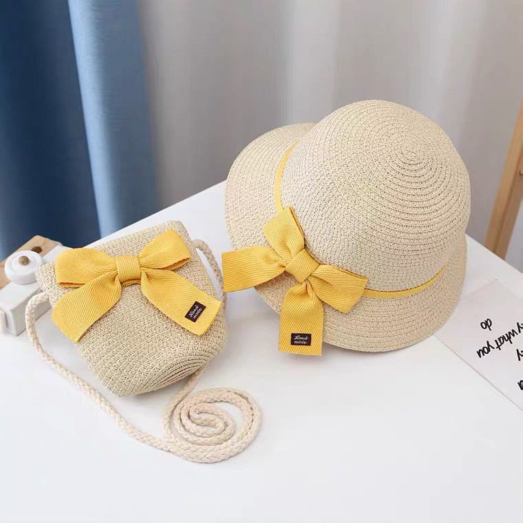 Mũ cói cho bé gái-Set mũ và túi đeo chéo đan cói đính nơ thời trang mùa hè đáng yêu cho bé gái