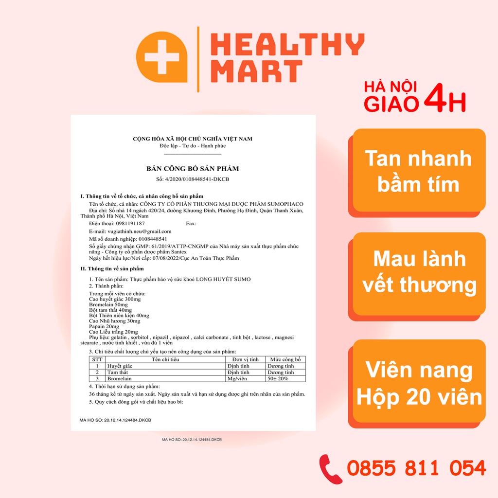 ✔️️️Long Huyết - tan nhanh bầm tím mau lành vết thương - Hộp 20 viên - SumoPharco