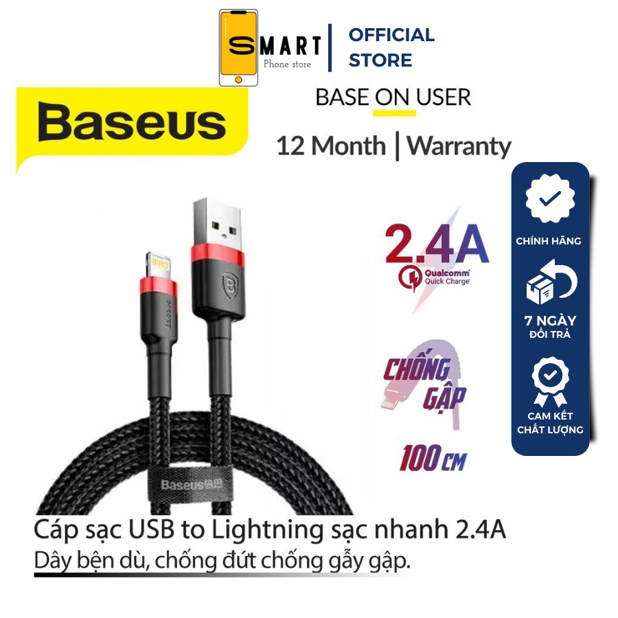 Dây sạc iPhone tự ngắt sạc nhanh 2.4A dây bọc dù chống gãy gập dài 1M chính hãng Baseus - SPK Official
